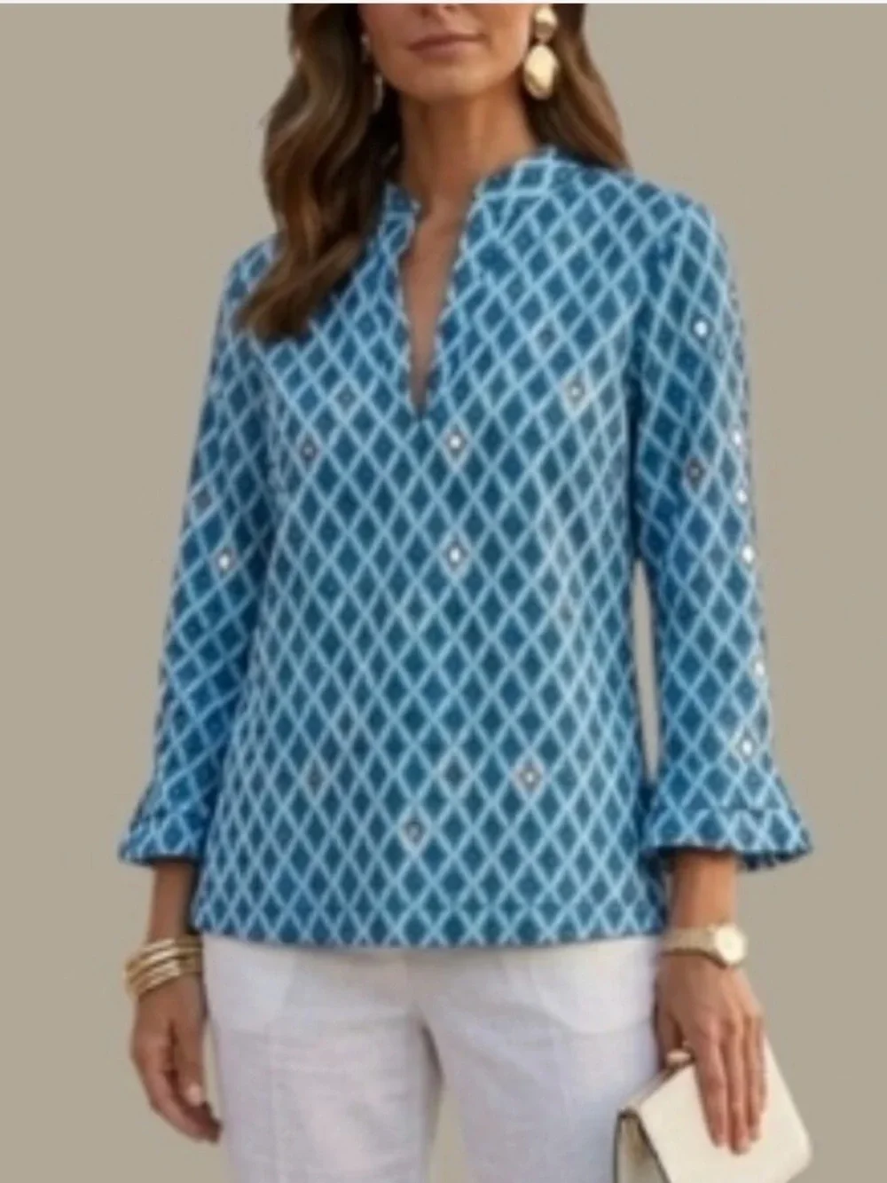 TORY BURCH Diamond-Print Notch V-Neck Tunic Top